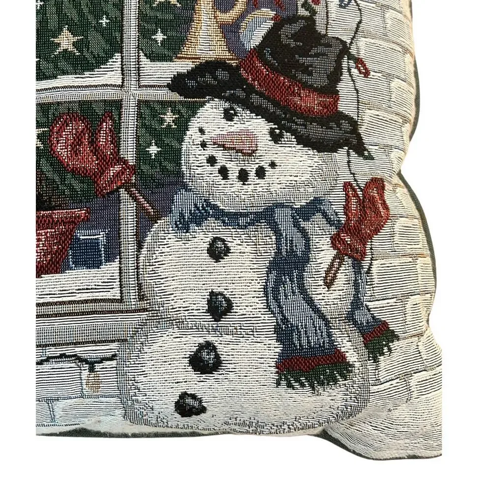 VTG Riverdale Snowman Christmas Window Scene‎ Tapestry Throw Pillow Holiday 16